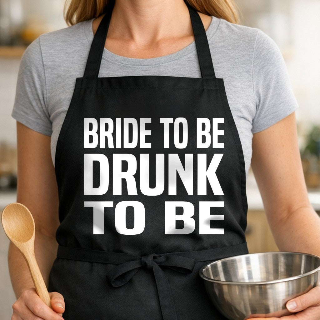 Black apron with large white block text reading Bride To Be Drunk To Be in bold uppercase letters.