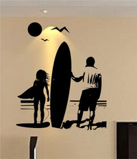 Girl and Dad with Surfboard Staring Into Ocean Sticker Wall Decal Art Beach Surfing Surf Vacation