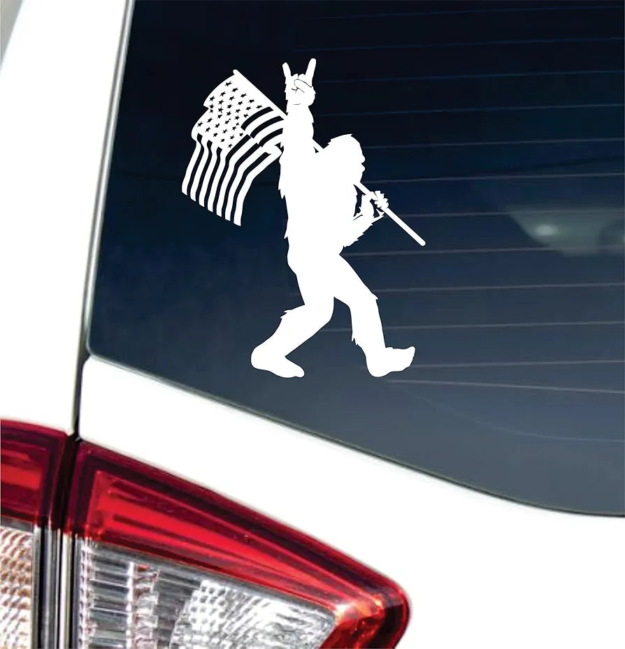 Dabbledown Bigfoot Holding American Flag 5x6 Car Truck Window Windshield Lettering Quote Decal Sticker Decals Stickers JDM Automobile 