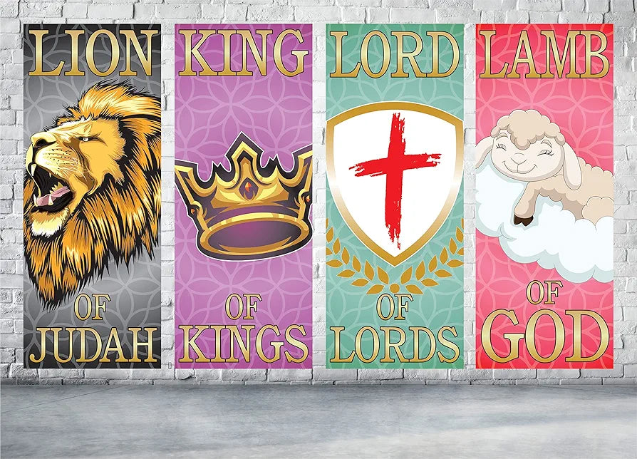 BRAND - Set of 4 Church Banners - Lion of Judah, Lamb of God, Lord of Lords, King of Kings - Religion - Inspirational Quotes - Church Decoration