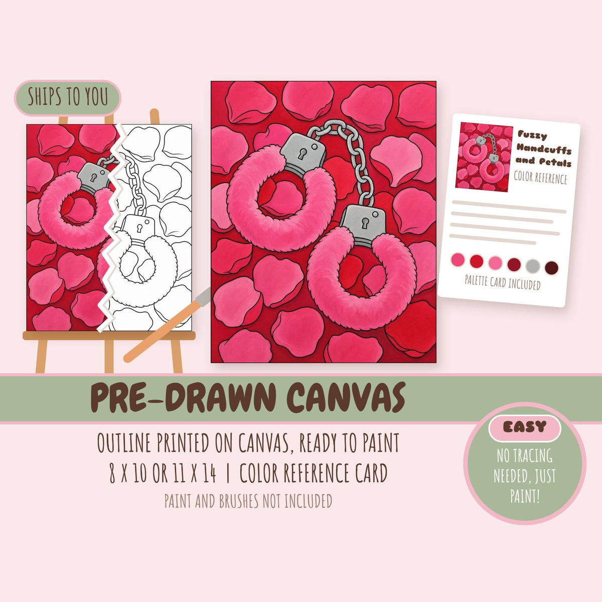 Fuzzy Handcuffs and Petals pre-drawn canvas with the outline printed and ready to paint, plus color reference card