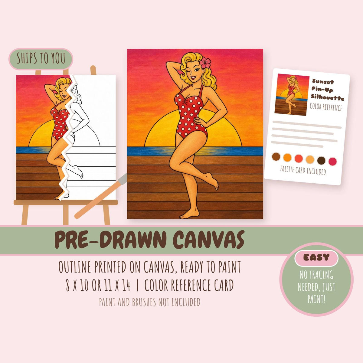 Sunset Pin-Up Silhouette pre-drawn canvas with the outline printed and ready to paint, plus color reference card