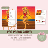 Sunset Pin-Up Silhouette pre-drawn canvas with the outline printed and ready to paint, plus color reference card