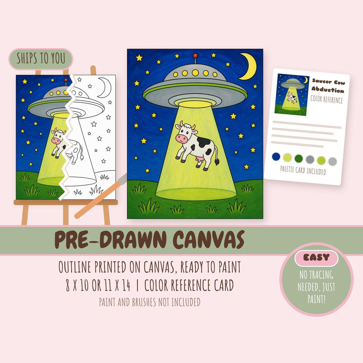 Saucer Cow Abduction pre-drawn canvas with the outline printed and ready to paint, plus color reference card