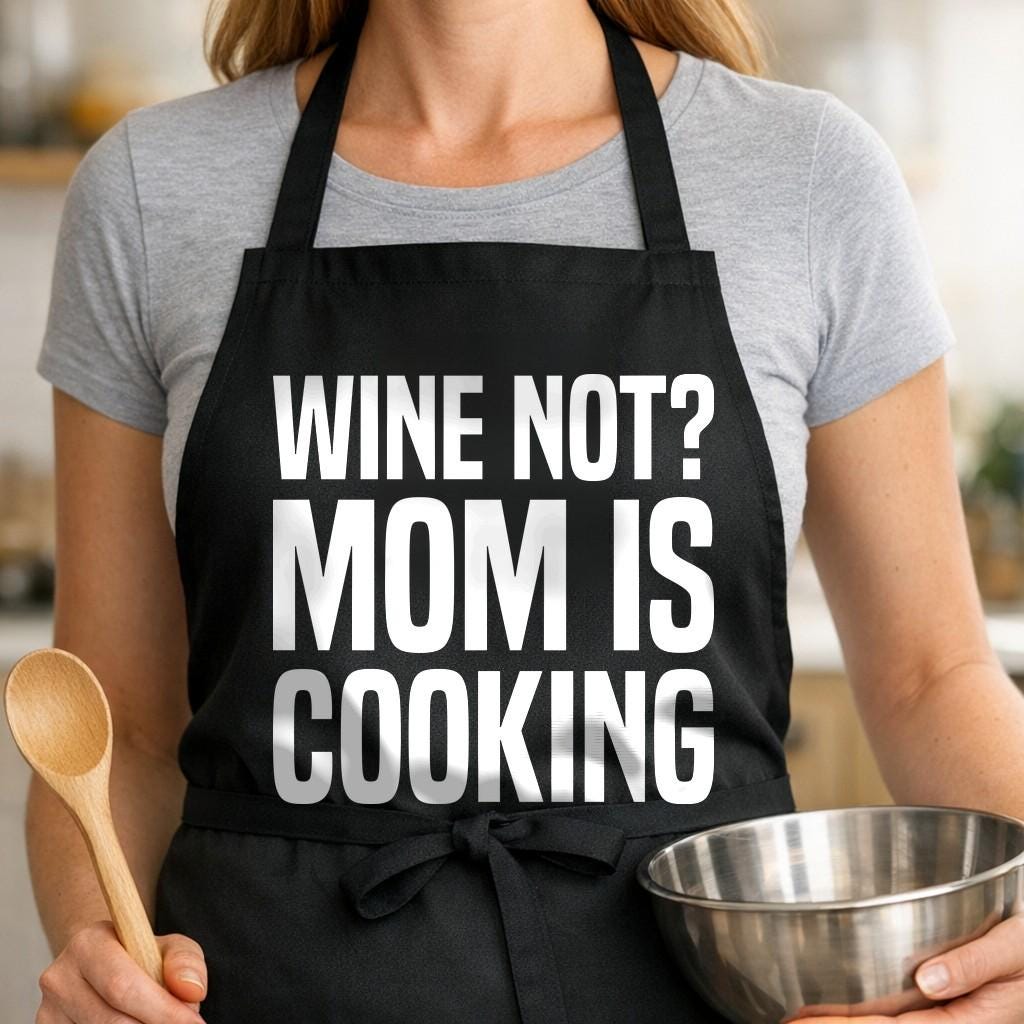 Wine Not? Mom Is Cooking black BBQ apron, woman torso close-up: Black apron with large white bold text reading 'Wine Not? Mom Is Cooking' in a simple block font style