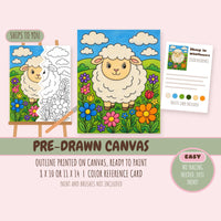 Sheep in Wildflowers pre-drawn canvas with the outline printed and ready to paint, plus color reference card