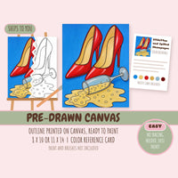 Stilettos and Spilled Champagne pre-drawn canvas with the outline printed and ready to paint, plus color reference card