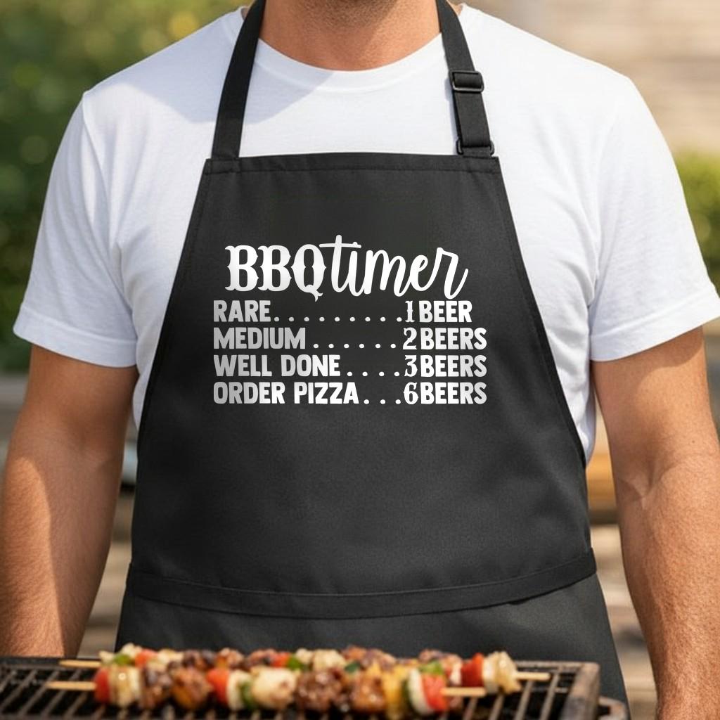 BBQ Timer black BBQ apron, torso close-up: Black apron with white text showing 'BBQ Timer' and a humorous list linking rare, medium, well done, and pizza with increasing amounts of beers.