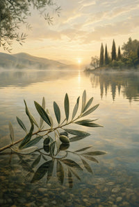 Olive branch with green leaves and olives floating on clear still lake water reflecting trees and sunrise in soft warm tones, gallery-wrapped canvas wall art print by PortalPrintLab
