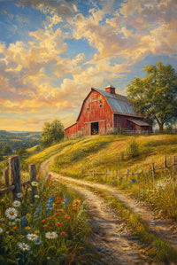 Red barn countryside canvas for farmhouse living room, gallery-wrapped canvas wall art print by PortalPrintLab