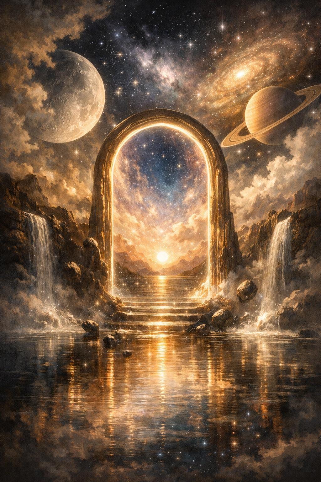 Golden Celestial Portal Canvas Wall Art, Surreal Cosmic Gateway, Mystical Home Decor, Dreamy Statement Piece