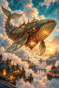 Mechanical Sky Whale Canvas Wall Art | Surreal Steampunk Fantasy