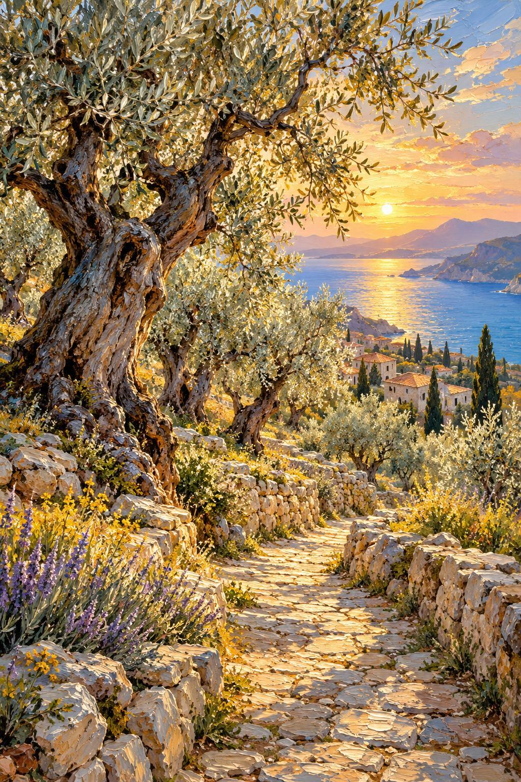 Sunlit Olive Grove Canvas Wall Art | Mediterranean Landscape