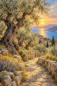 Sunlit Olive Grove Canvas Wall Art | Mediterranean Landscape