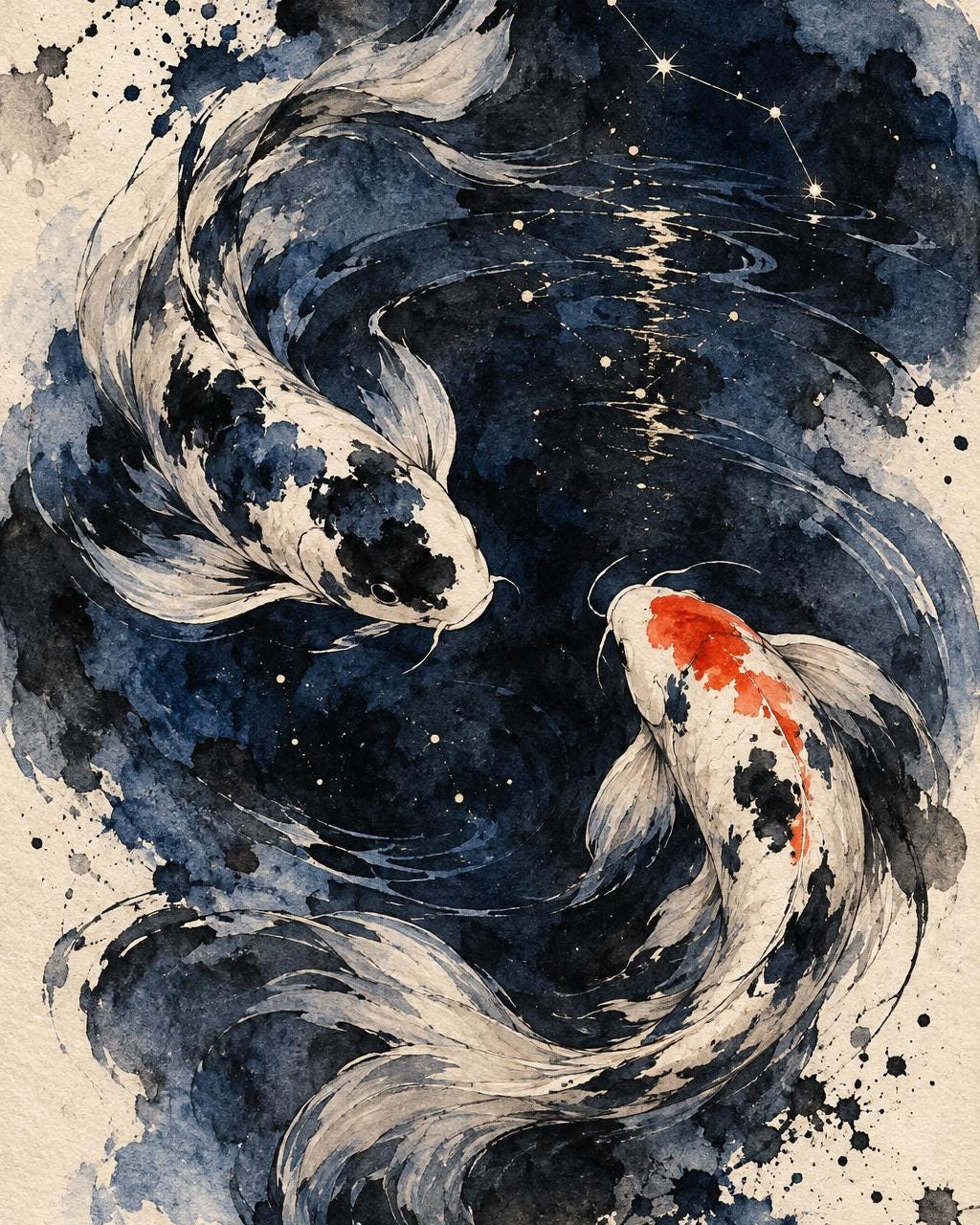 Koi Constellation Canvas Wall Art | Celestial Ink Wash Fish Painting