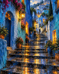 Cobalt City Steps Canvas Wall Art | Palette Knife Urban Painting