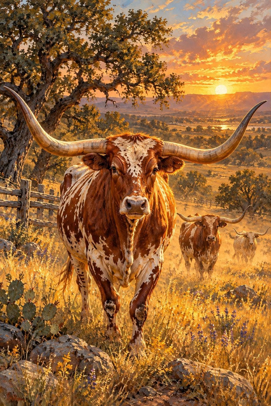 Longhorns at Golden Hour Canvas Wall Art | Stretched Canvas | 16x20 or 24x36
