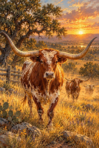 Longhorns at Golden Hour Canvas Wall Art | Stretched Canvas | 16x20 or 24x36