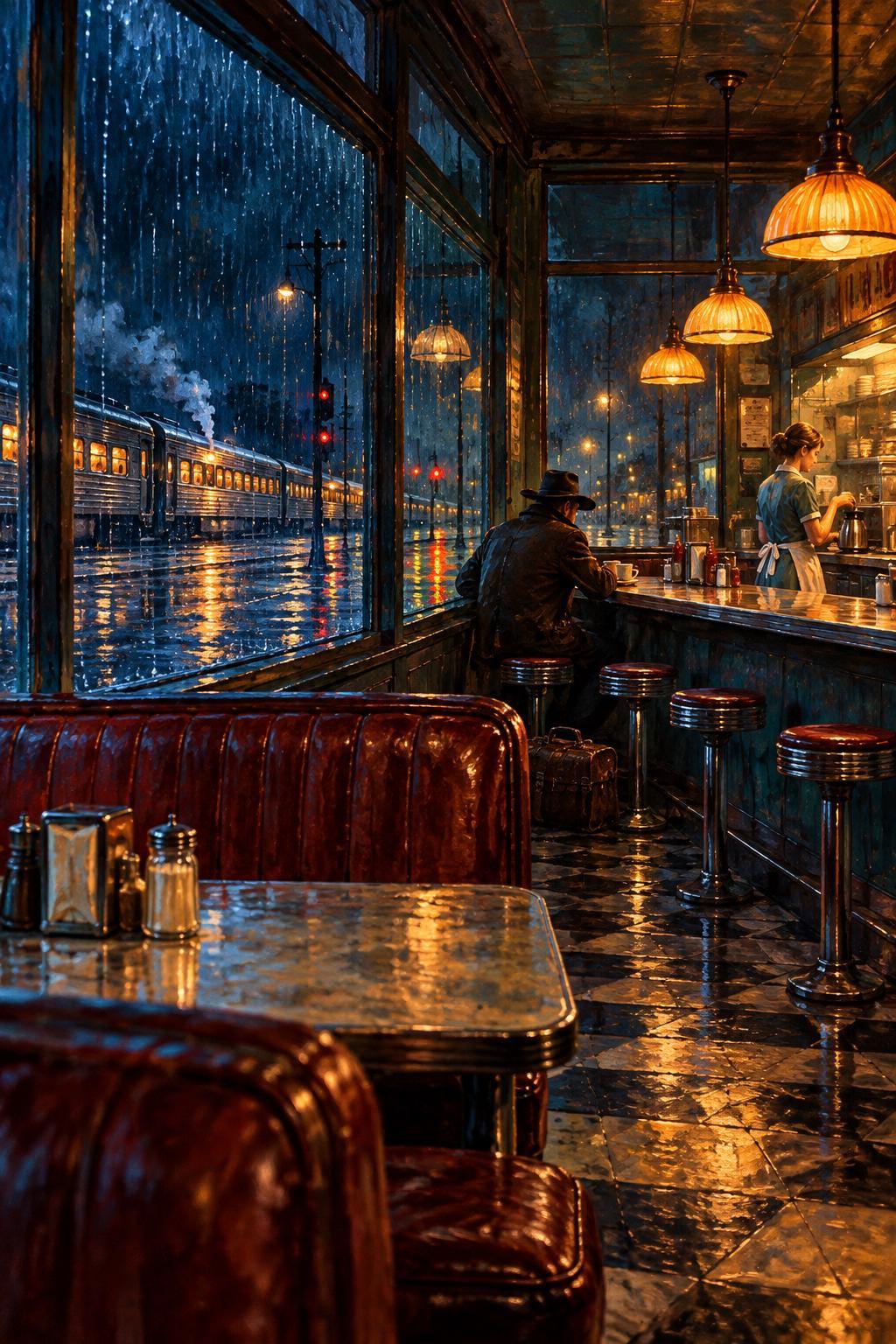 Midnight Diner, Distant Train Canvas Wall Art | Atmospheric Night Scene | 16x20 or 24x36