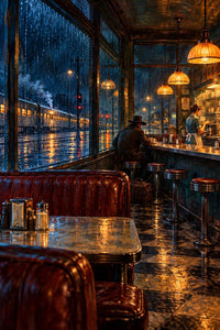 Midnight Diner, Distant Train Canvas Wall Art | Atmospheric Night Scene | 16x20 or 24x36