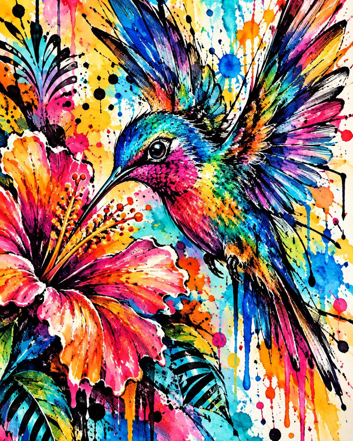 Neon Hummingbird Canvas Wall Art | Animal Decor | 16x20 or 24x36
