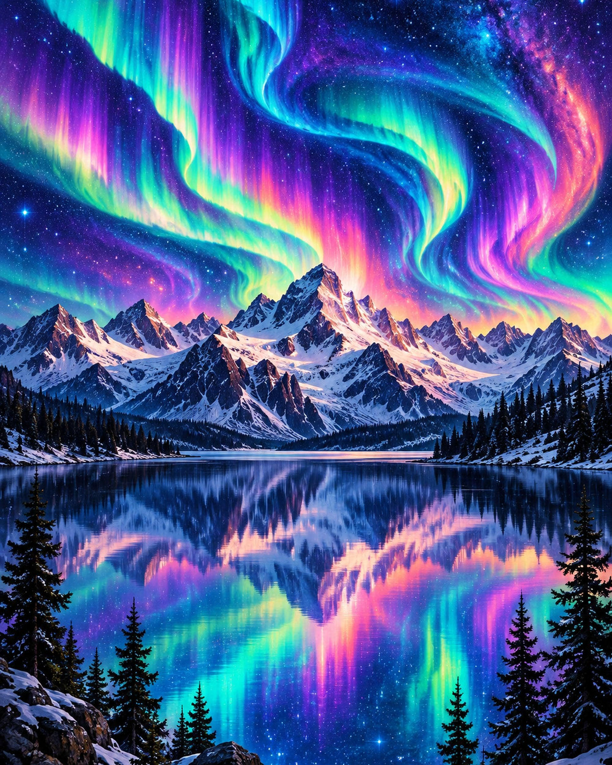 Alpine Lake Aurora Canvas Wall Art | Northern lights Decor | 16x20 or 24x36