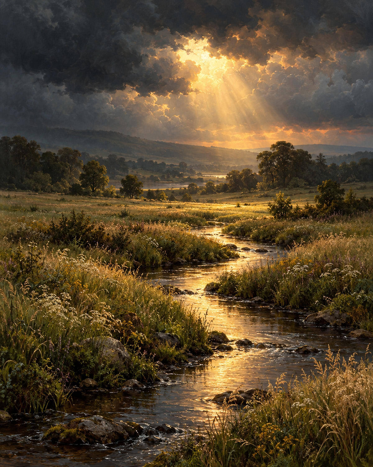 After the Storm Canvas Wall Art, Golden Light Over Meadow Stream, 16x20 or 24x36