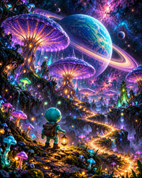 Alien Lantern Trail Canvas Wall Art, Glowing Mushroom Planet Landscape, 16x20 or 24x36