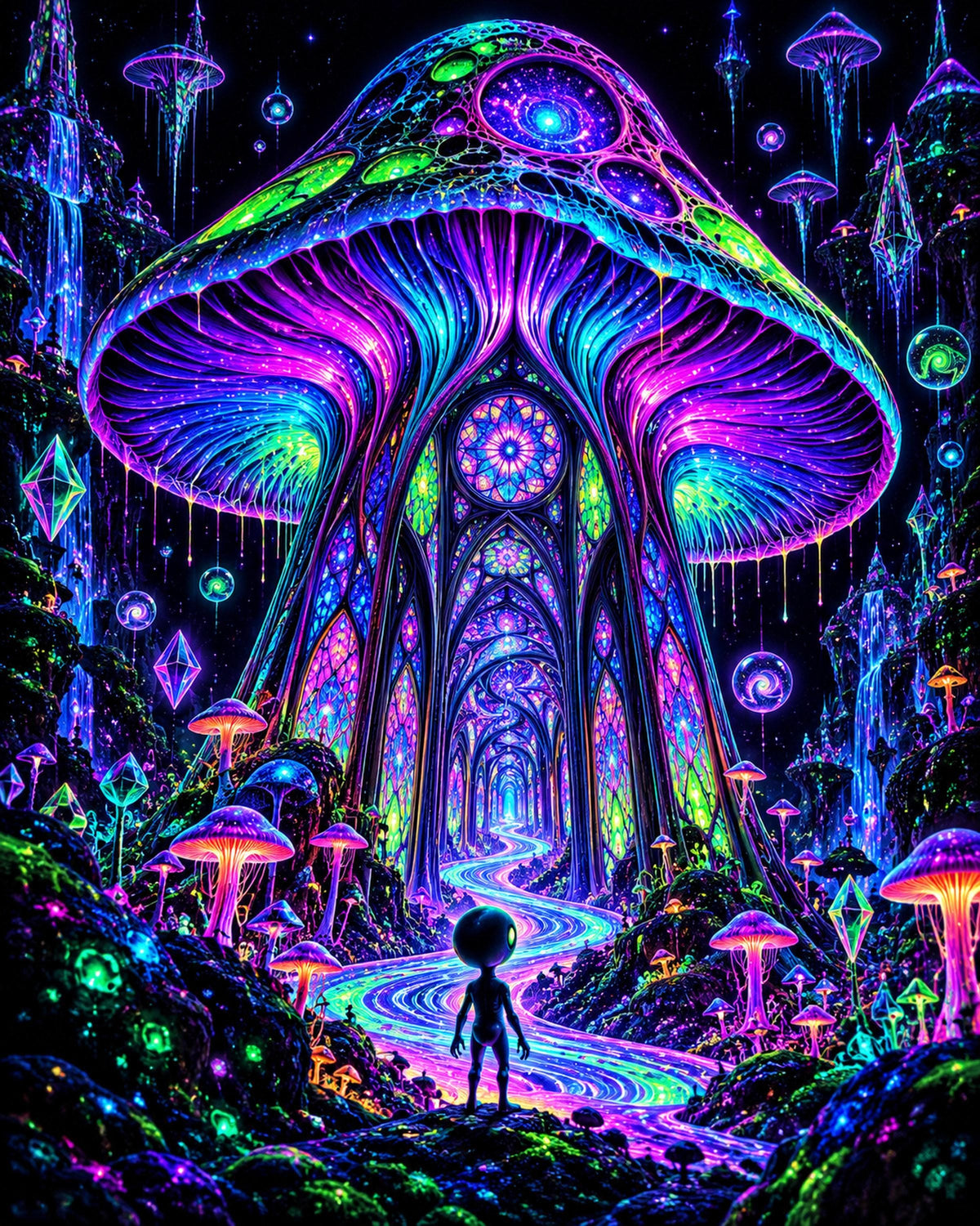 Neon Mushroom Cathedral Canvas Wall Art, Alien Fantasy Portal, Blacklight Decor, 16x20 or 24x36