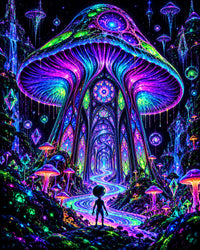 Neon Mushroom Cathedral Canvas Wall Art, Alien Fantasy Portal, Blacklight Decor, 16x20 or 24x36