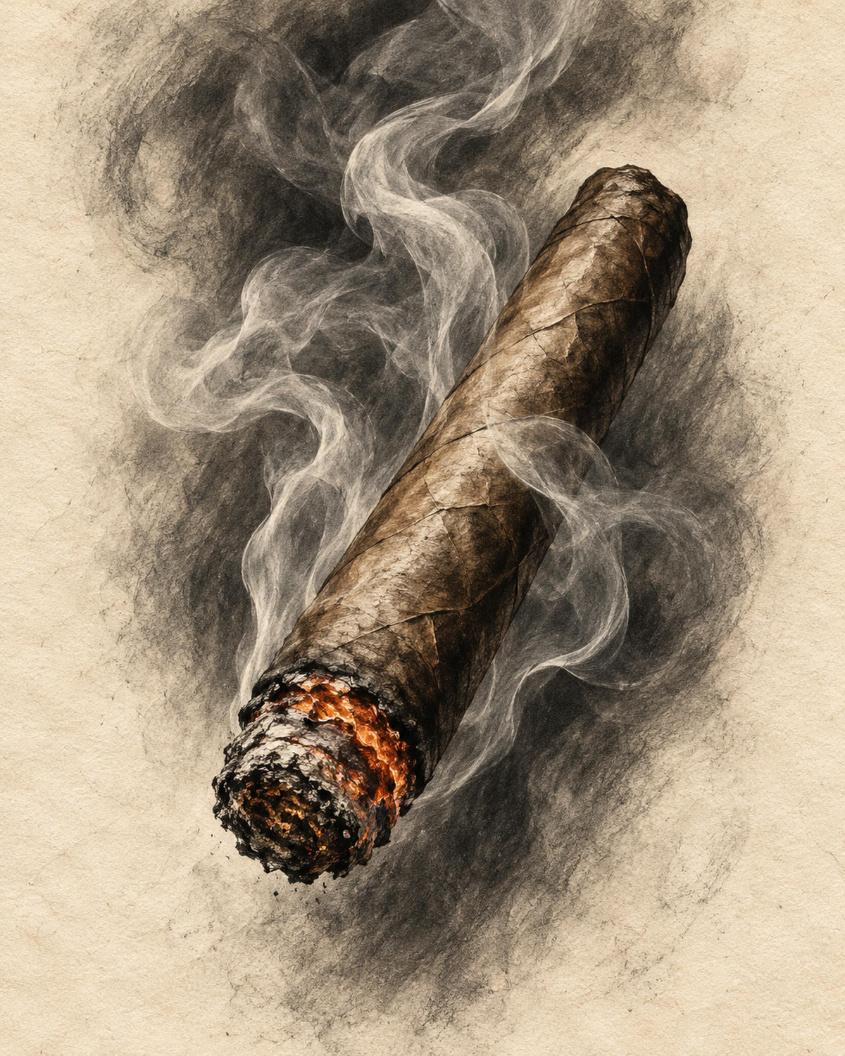 Charcoal Style Cigar Canvas Wall Art, Smoking Cigar Sketch, Neutral Study Decor, 16x20 or 24x36