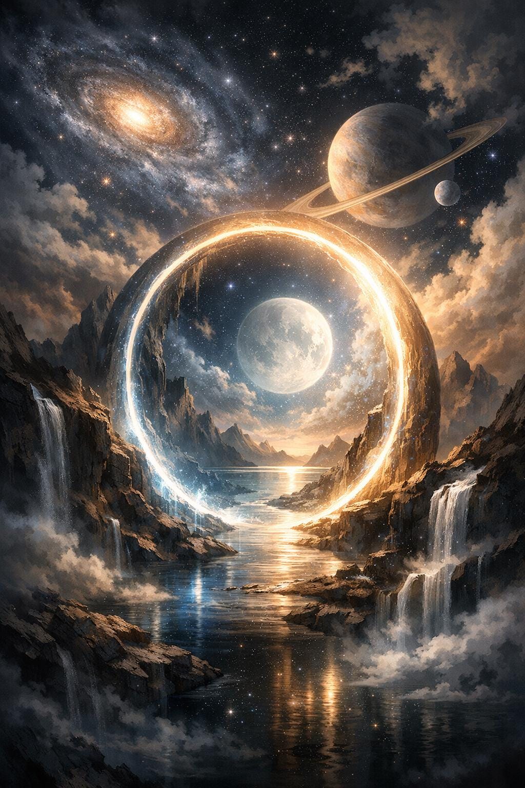 Surreal Celestial Portal with Saturn and Galaxy, Mystical Space Art, Dreamy Home Decor