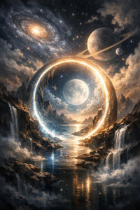 Surreal Celestial Portal with Saturn and Galaxy, Mystical Space Art, Dreamy Home Decor