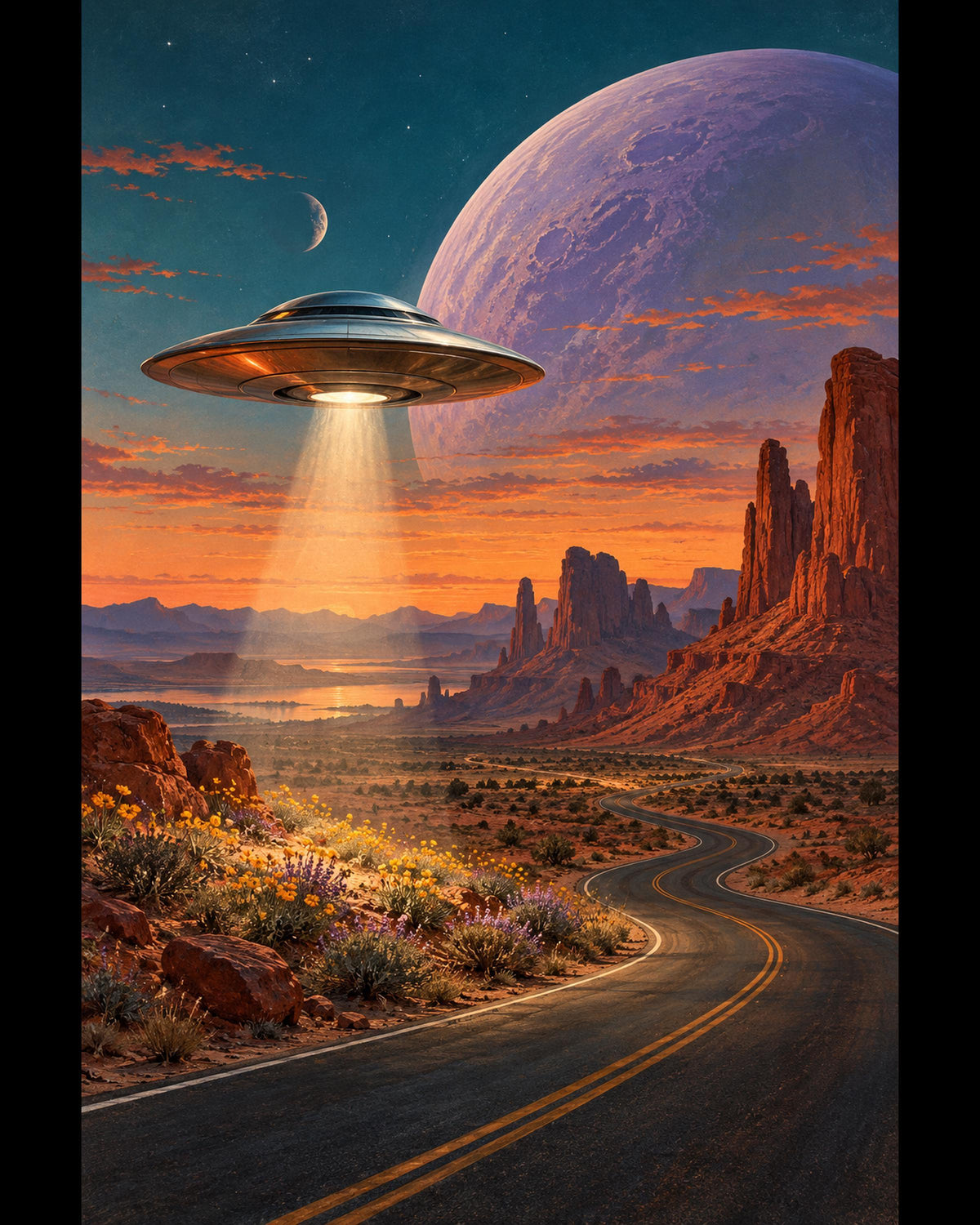 UFO Desert Canvas Wall Art, Retro Cosmic Highway Landscape, 16x20 or 24x36