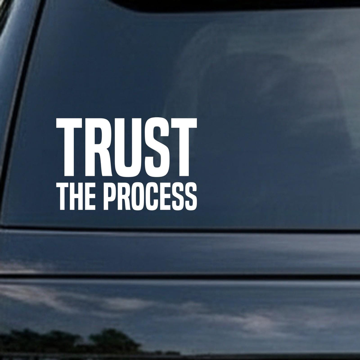 Trust the Process car decal in the small 6 inch size, shown in the corner of a rear window