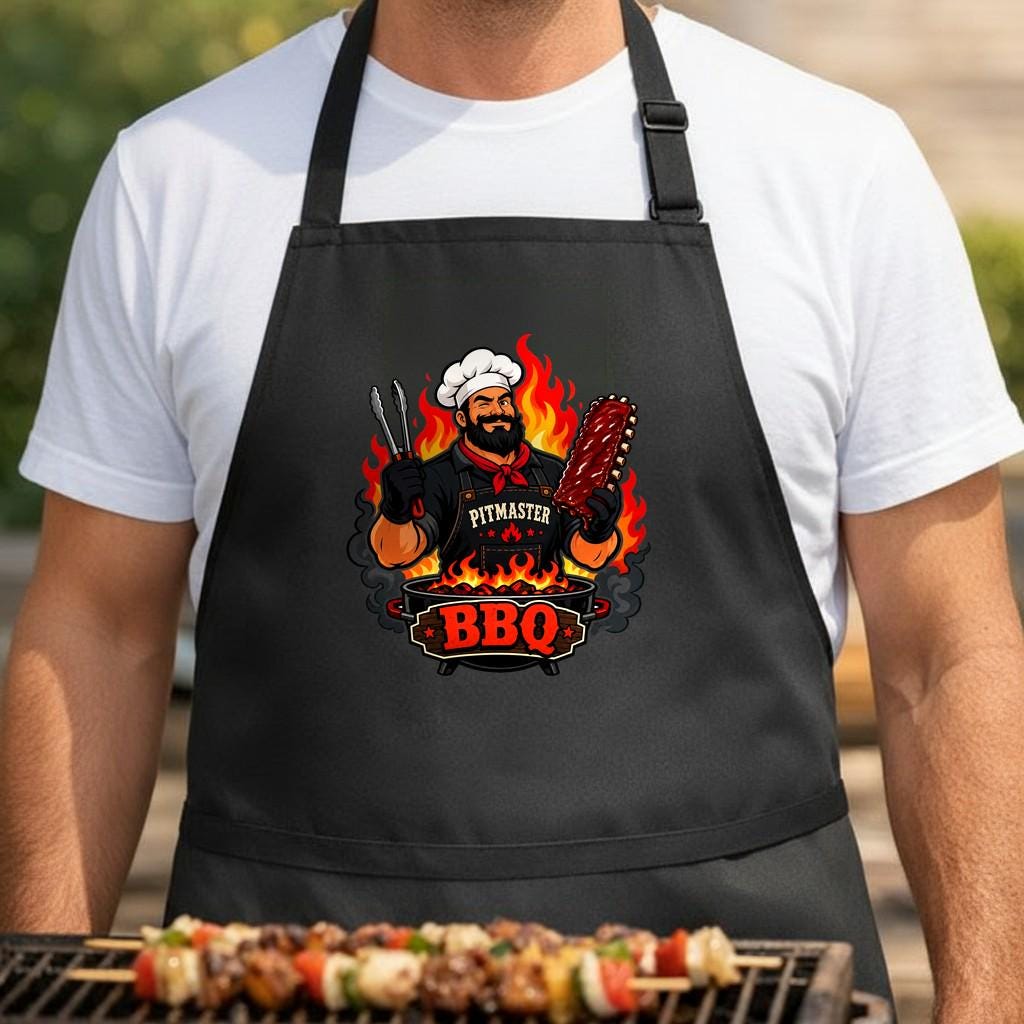 BBQ Masterpiece black BBQ apron, torso close-up: Illustration of a bearded pitmaster chef in a white hat holding ribs and tongs with flames and smoke behind on a black background