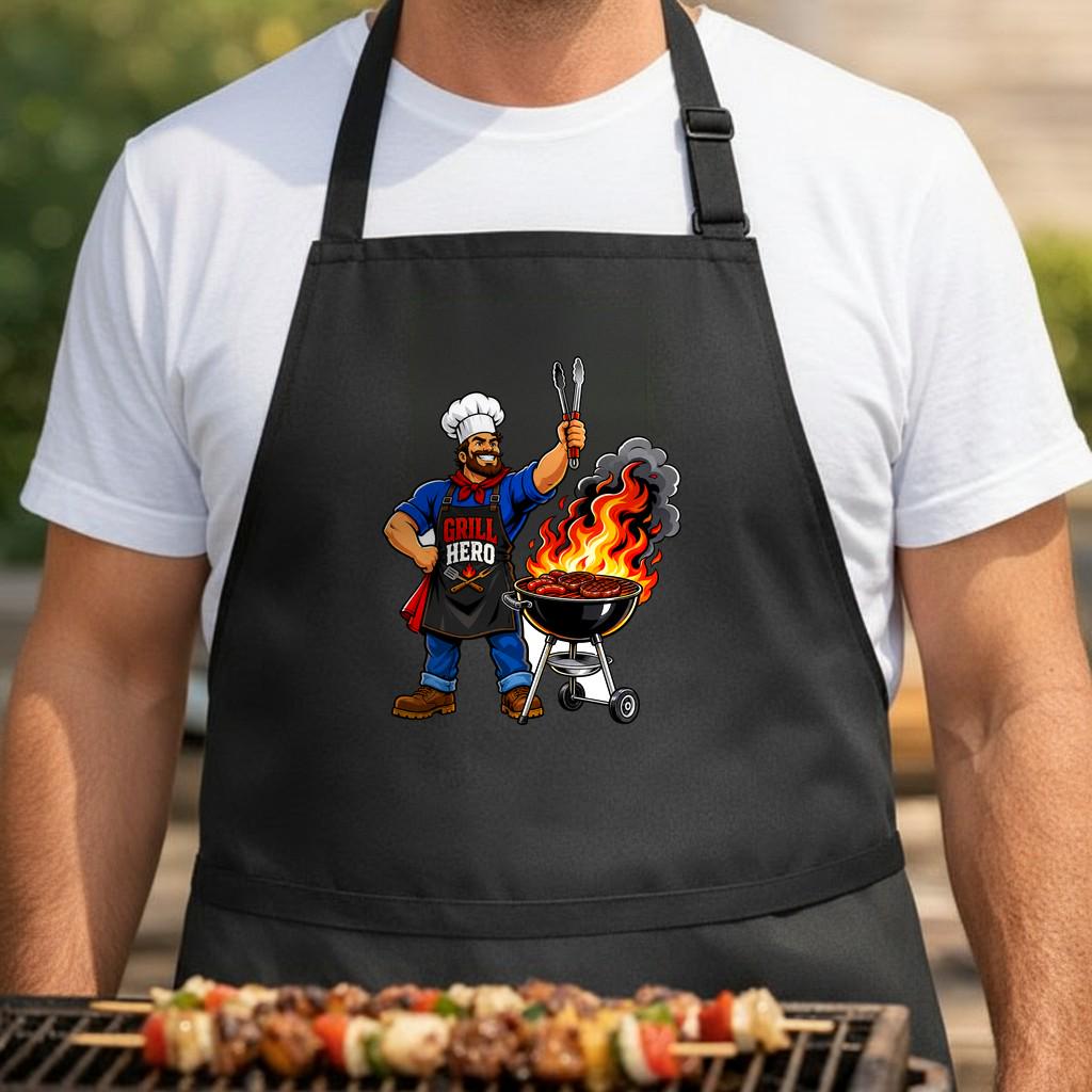 Legend of the Flame black BBQ apron, torso close-up: Illustration of a bearded man in a chef hat and apron holding tongs beside a flaming round barbecue grill with smoke on black background.