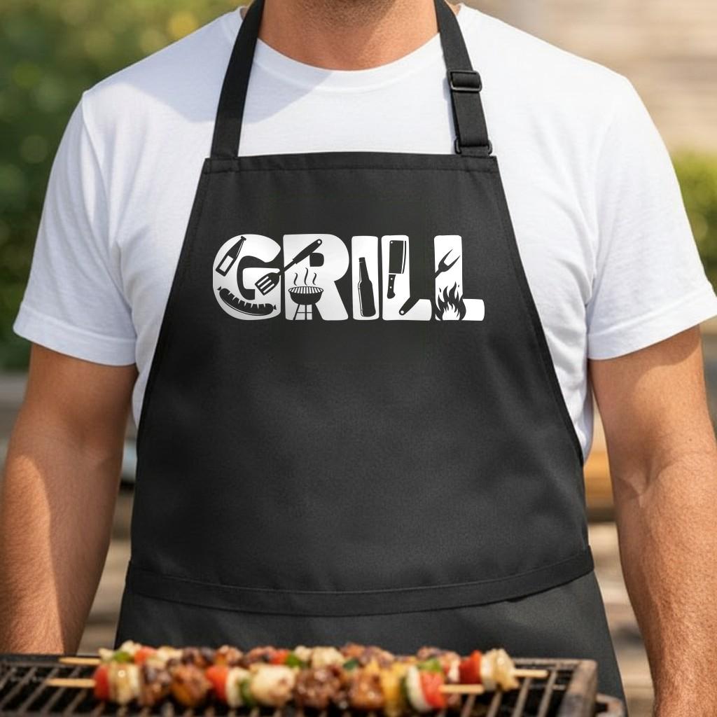 Grill black BBQ apron, torso close-up: Black apron with the word GRILL in large white letters filled with grill tools, sausage, grill, bottle, cleaver, and flame icons in a bold graphic style.