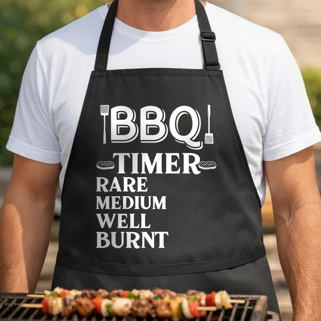 BBQ Timer black BBQ apron, torso close-up: Black apron with white text reading BBQ Timer and steak doneness levels rare, medium, well, burnt, with spatula and steak illustrations