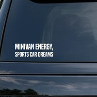 Minivan Energy, Sports Car Dreams car decal in the small 6 inch size, shown in the corner of a rear window