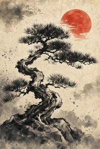 Sumi-e style black ink bonsai tree with twisted trunk and branches, red sun in background on beige textured paper, gallery-wrapped canvas wall art print by PortalPrintLab