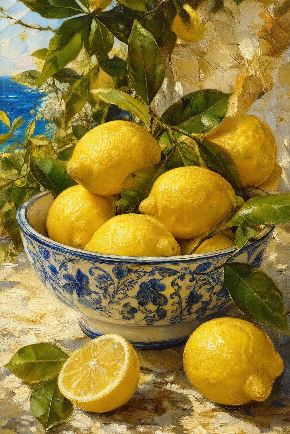 Realistic painting of yellow lemons with green leaves in a blue and white floral bowl on a textured surface with a blue sky background, gallery-wrapped canvas wall art print by PortalPrintLab