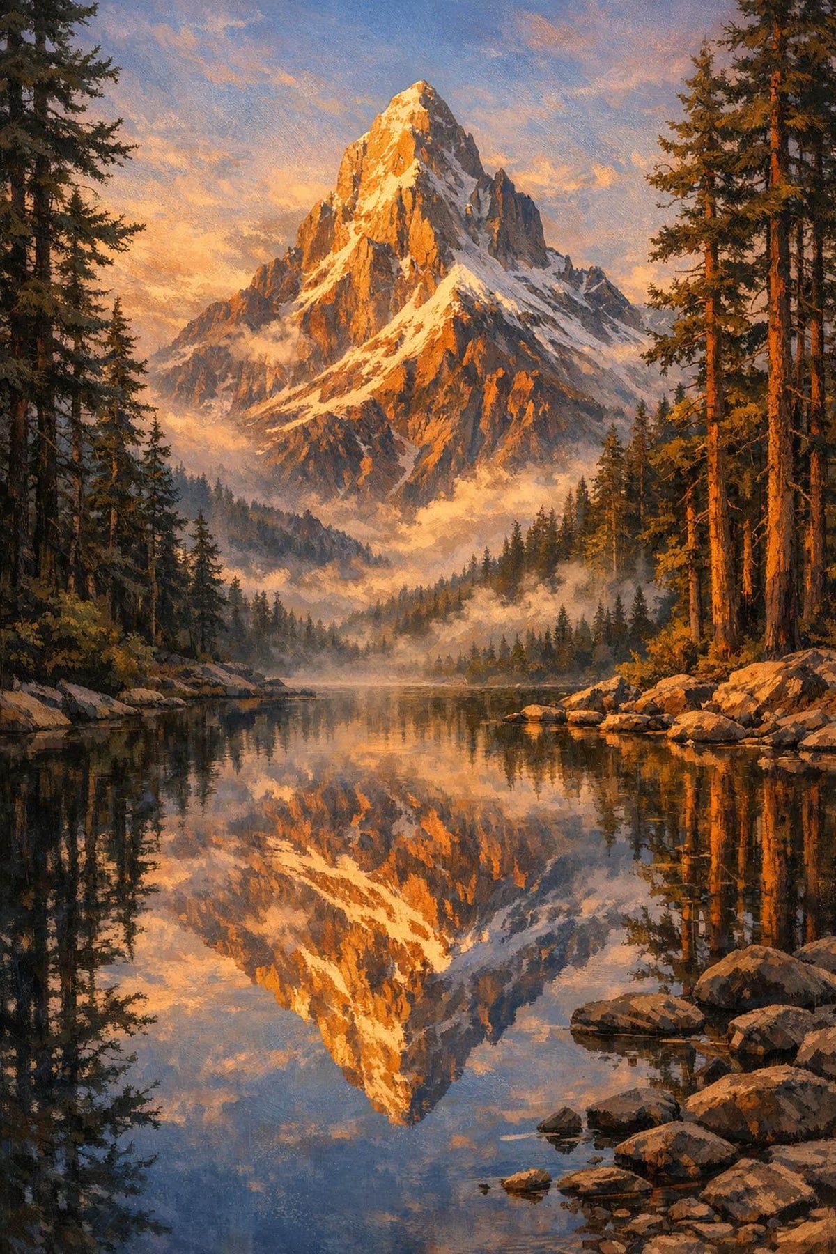 Mountain lake at golden hour canvas for living room / cabin, gallery-wrapped canvas wall art print by PortalPrintLab