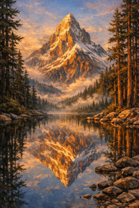 Mountain lake at golden hour canvas for living room / cabin, gallery-wrapped canvas wall art print by PortalPrintLab