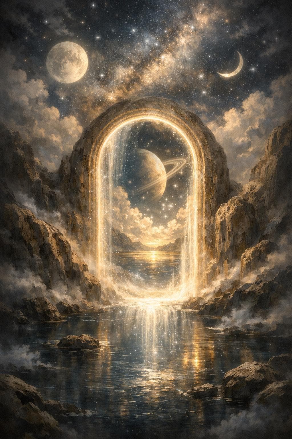Golden Celestial Portal Canvas Wall Art, Surreal Cosmic Gateway, Mystical Night Sky Decor