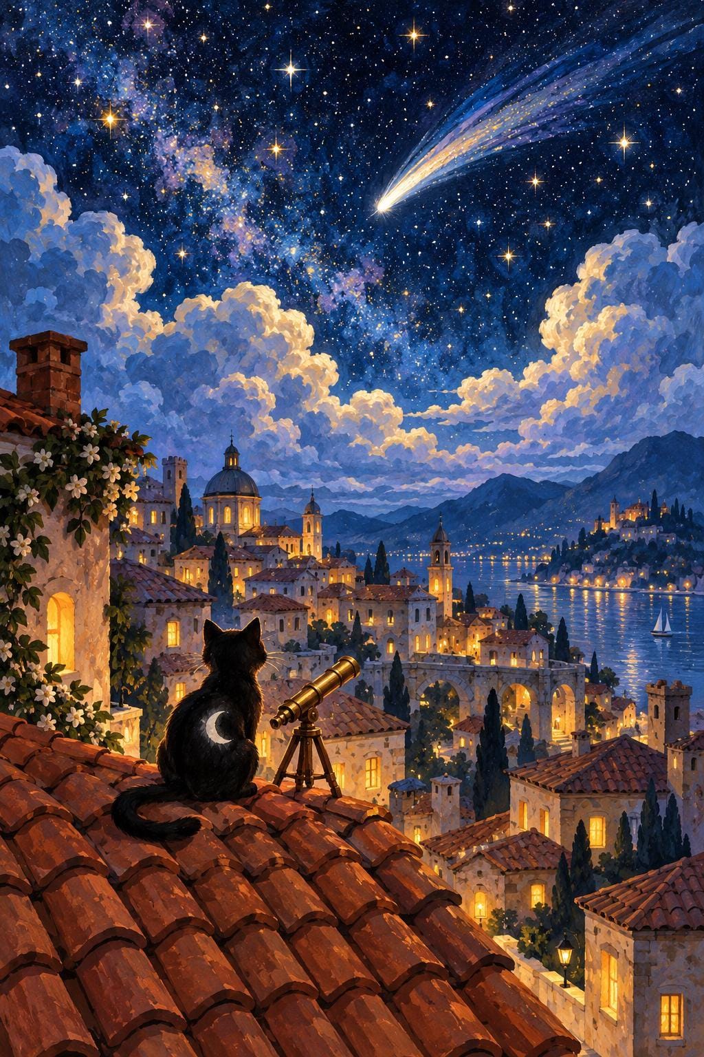 Rooftop Stargazer Canvas Wall Art | Celestial Night Scene