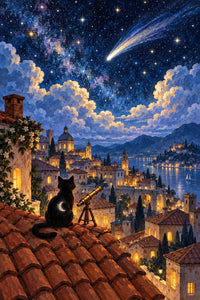 Rooftop Stargazer Canvas Wall Art | Celestial Night Scene