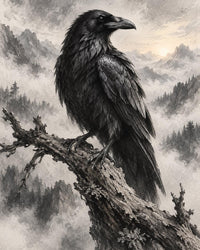Raven at Dawn Canvas Wall Art | Charcoal Bird Drawing