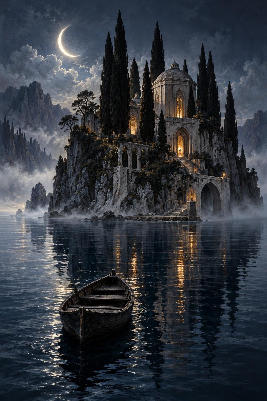 Moonlit Island Mausoleum Canvas Wall Art | Stretched Canvas | 16x20 or 24x36