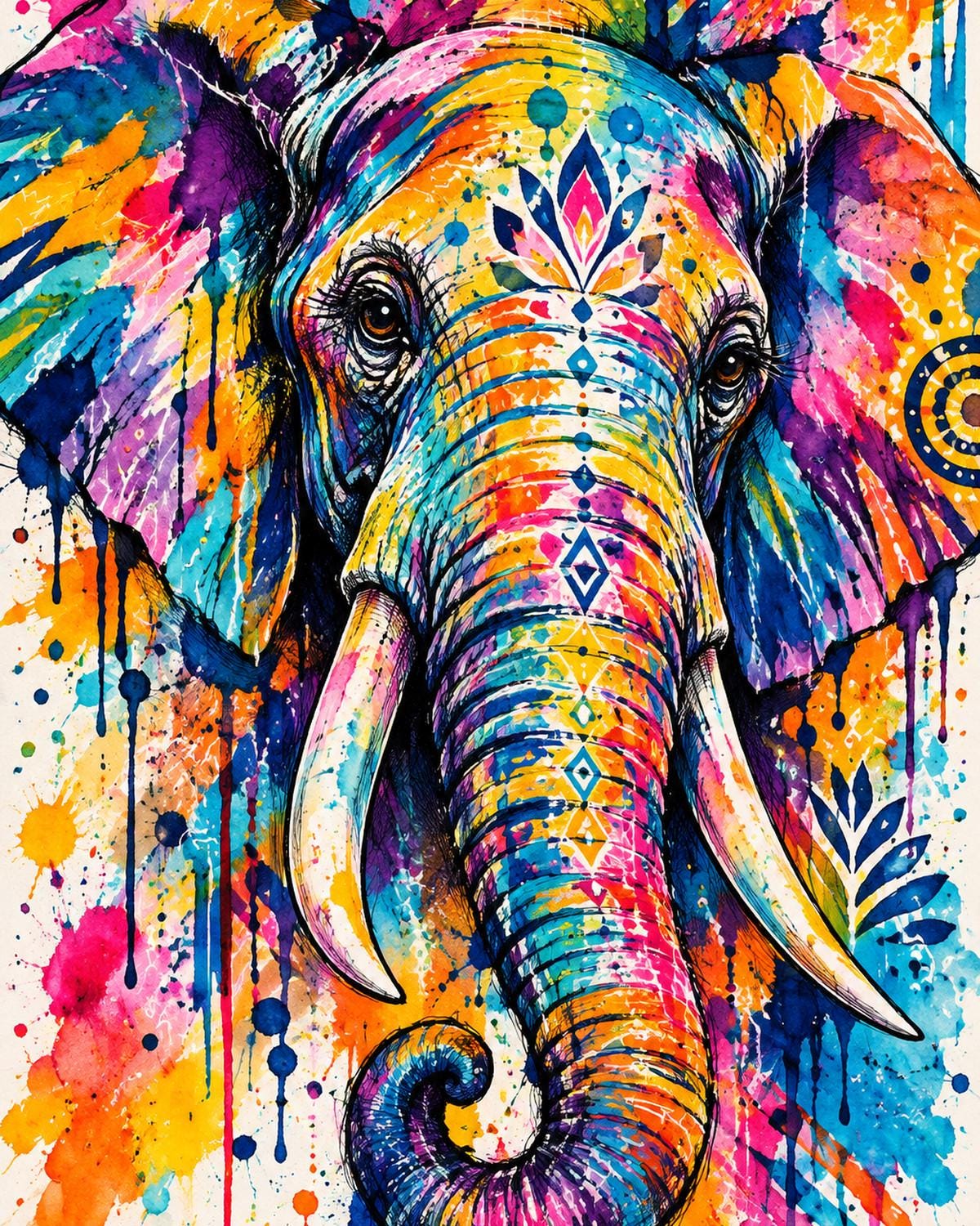 Neon Elephant Canvas Wall Art | Animal Decor | 16x20 or 24x36